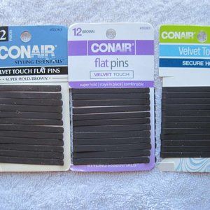 12 Conair Brown Velvet Touch Flat Wide Metal Pins Slides Brunette Matte Finish
